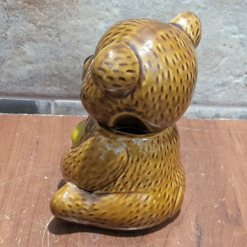 Vintage Ceramic Honey Bear Pot Jar Glossy Brown Glaze Finish
